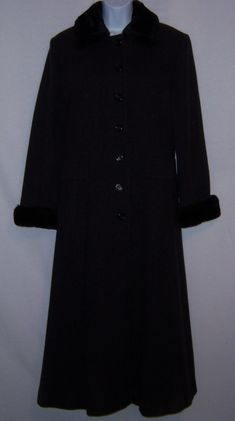 "Vintage Albert Nipon dark charcoal grey and black long maxi Edwardian style riding coat. Excellent pre-owned condition. No holes, stains, rips, tears, etc. Women's size LARGE. Measurements: bust-40\", waist-36\", hips-46\", length-49\". Lined. Faux fur collar and cuffs. 100% wool. Long sweeping maxi coat in the Downton Abbey style. Simply gorgeous!" Black Full Length Outerwear For Work, Elegant Black Full Length Outerwear, Black Full-length Winter Outerwear, Black Full-length Outerwear For Fall, Fitted Charcoal Outerwear For Winter, Elegant Charcoal Winter Outerwear, Downton Abbey Fashion, Edwardian Style, Maxi Coat