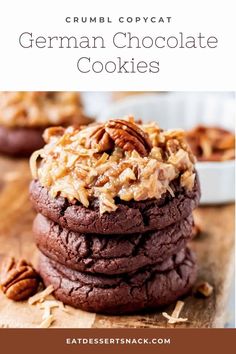 chocolate cookies with pecans on top and the words, crumbl copycat german chocolate cookies