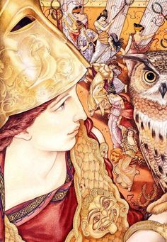 a drawing of a woman with an owl on her shoulder and other people in the background