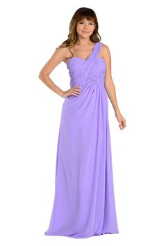 Simplicity at its best, look beautiful in this lilac long one shoulder chiffon gown with ruched bodice by Poly USA Style Number 7140. This one shoulder semi-formal dress features a simple yet elegant ruched empire waist bodice, a long skirt, and a side zipper closure. Perfect for any special occasion! Designer: Poly USA Style Number: 7140 Material: Chiffon, 100% Polyester Details: Bra Cup, Fully Lined Colors: Aqua, Blush Pink, Lilac, Navy Blue This item ships within 1 to 2 business days.