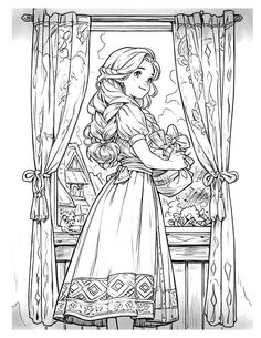 princess aurora looking out the window with her bouquet in hand coloring pages for adults and children