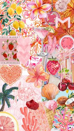 Pink, orange summer girly Collage Summer Wallapers Aesthetics, June Iphone Wallpaper Aesthetic, Festival Aesthetic Wallpaper, Summer Lockscreen Aesthetic, Summer Wallpaper Pink, Summer Flower Wallpaper, Summer Collage Wallpaper, Summer Fruit Wallpaper, Wallapers Aesthetics Iphone