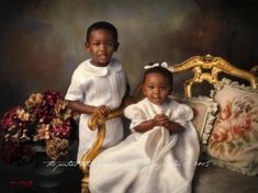 two children sitting on a chair with flowers in the background