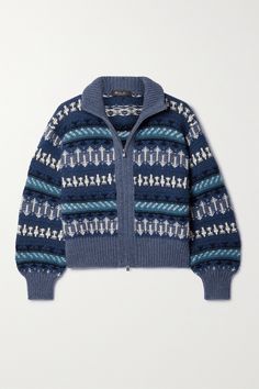 Loro Piana's 'Holiday Noel' cardigan is jacquard-knitted with a festive Fair Isle pattern inspired by vintage styles. Made from plush cashmere, it has a ribbed mock neck and a two-way zip fastening, so you can easily adjust the fit trims. Layer yours over a simple tee. Blue Jacquard Knit Outerwear For Winter, Nordic Jacquard Knit Winter Cardigan, Nordic Jacquard Knit Cardigan For Winter, Wool Nordic Style Cardigan, Motif Fair Isle, Fair Isle Pattern, Simple Tees, Jacquard Knit, Sports Suit