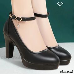 Olivia Mark - Womens High Heel Round Toe Work Pumps in Soft Leather with Chunky Heels and Model-Worthy Qipao Design for Fashionable Show-walking Work Pumps, Rough Heels, Round Toe Pumps, Aesthetic Shoes, Leather Work, Thick Heels, Fantasy Fashion, Black 7, Work Shoes