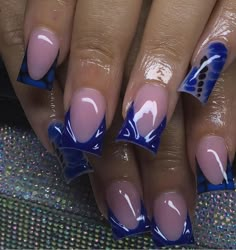 Square Dark Blue Acrylic Nails, Blue Glam Nails, Royal Blue Duck Nails, Dark Blue Y2k Nails, Short Navy Blue Nails, Dark Blue Nails Almond, Dark Blue Nails Black Women, Black Blue Aura Nails, Short Junk Nails Blue