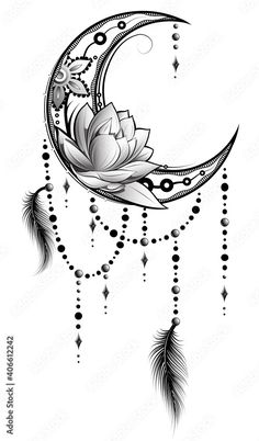 the moon with flowers and feathers on it is drawn in black and white ink,