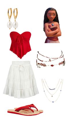 an image of a woman's outfit and accessories including sandals, necklaces, bracelets and earrings