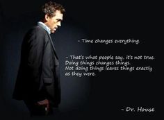 a man in a suit and tie standing next to a black background with a quote from dr house