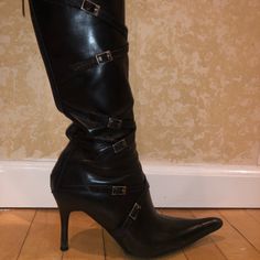 Super Great Condition Leather Strap Boots Silver Snip Toe Boots For Formal Occasions, Elegant Silver Snip Toe Boots, Formal Fitted Silver Boots, Leather Boots With Buckle Closure For Night Out, Silver Pointed Toe Boots With Buckle Closure, Elegant Silver Leather Boots, Silver Leather Snip Toe Boots, Leather Boots With Buckle Closure For Party, Silver Leather High Heel Boots