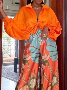 Come to Stylewe to buy Blouses at a discounted price, SPU: 1GBL3PE3D2, Color: Orange, Elasticity:No Elasticity, Silhouette:O-Line. Shirt Collar Pattern, Buy Blouse, Fall Vacation, Stand Collar Shirt, Lantern Sleeved Blouses, Loose Long Sleeve, Casual Wide Leg Pants, Loose Shirt, Love Clothing