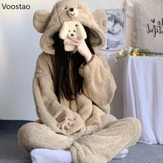 Autumn Winter Cute Bear Ears Coral Fleece Hooded Pajama Sets Women Sweet Kawaii Warm Homewear Girls Aesthetic Loungewear, Girls Lounge, Warm Pajamas, Y2k Party, Cute Pajama Sets, Baby Tees Y2k, Y2k Baby Tee, Bear Ears, Fleece Pajamas