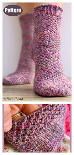 two pictures showing different types of knitted socks and the same pattern as shown above