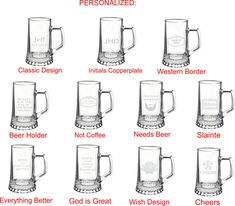 the different types of beer mugs are labeled