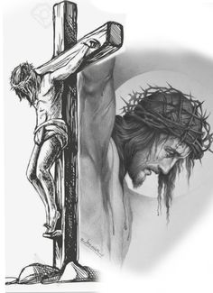 the crucifix with jesus on it is depicted in this black and white drawing