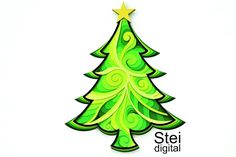 a green christmas tree with swirls and a star on it's top, against a white background