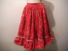 "Vintage 1950s Rockabilly square dance bandana skirt. Made of red cotton. Has a side zipper and white cotton trimmed lower hem. No label. Size small. Actual measurements are: 27\" at the waist 25\" overall length. In good condition. Two small wear holes on the waistband(photos)." Bandana Skirt, Baby Sewing Patterns Free, Rockabilly Skirt, 1950s Rockabilly, 1950s Skirt, Western Skirts, Vintage Bandana, Vintage Bathing Suits, Square Dance