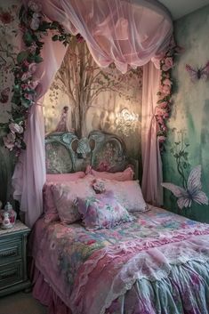 a bedroom decorated in pink and green with butterflies on the walls, bedding and curtains