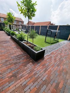 a brick walkway leading to a house with a tree in the middle