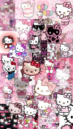 many hello kitty stickers are arranged on a pink background