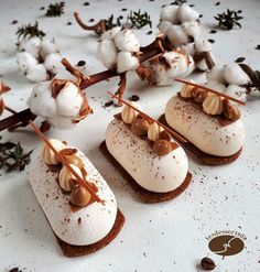 several desserts are arranged on a table with cotton flakes and cinnamon sticks sticking out of them