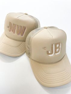 "**follow us on Instagram for restock updates** *additional colors available upon request* Just add INITIALS! Customize these adult and youth foam trucker hats to include a 1-3 letters and an optional heart.  --For bulk orders, other fonts, and logos, please message us for a custom purchase link. Standard height for the initials is 2in. If you would like smaller please note 1\" or 1.5\" tall. Personalization is sized to be no larger than ~2x4 inches on the front of the hat. To add a heart, please specify. Default color for a heart is the front color in your initials.  For additional side stitch location, please also add the following listing to your cart https://justaddletters.etsy.com/listing/1688353659.  For tone-on-tone: tan hat + beige thread champagne hat + ivory thread   green hat + Fitted Hats With Girlfriend Name, Cheap Letter Embroidered Baseball Cap, Cheap Trucker Hat With Letter Patch Snapback, Cheap Gray Trucker Hat With Letter Print, Adjustable Trucker Hat With Embroidered Logo For Baseball Season, Custom Logo Trucker Hat, One Size Fits Most, Embroidered Logo Trucker Hat For Baseball Season, Personalized Trucker Snapback Hat, Personalized Flat Bill Trucker Hat