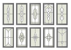 six different types of stained glass windows with decorative designs on each window and side panels