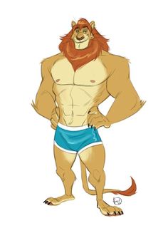 an image of a man in shorts with a lion on his chest and arms behind him