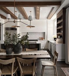 a dining room table with chairs and plants in the center, next to an oven