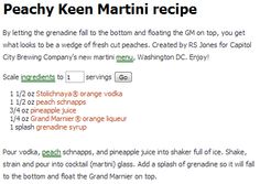 the recipe for peachy ken martini recipe is shown in this screenshote