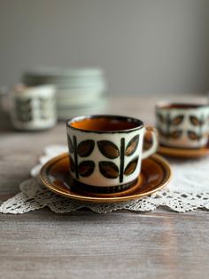 two cups and saucers sitting on top of a wooden table next to white doily