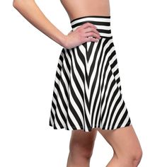 This black and white striped skater skirt is soft to the touch and makes for a great casual look. It is inspired by the freedom of creativity and will instantly become your everyday favorite skirt to wear.  It's made of 100% polyester brushed suede. High Waist Striped Summer Skirt, Summer High Waist Striped Skirt, High Waist Striped Skirt For Summer, Striped Full Skirt Bottoms For Summer, Casual Striped Pleated Mini Skirt, Striped Full Skirt For Summer, Casual Pleated Striped Mini Skirt, Chic Striped Full Skirt, Striped Flared Skirt For Summer