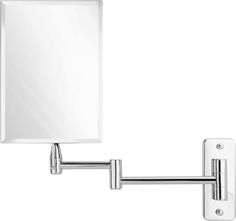 a bathroom mirror mounted to the side of a wall with a light on it's side