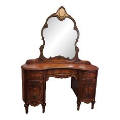 an antique wooden vanity with mirror on it's top and drawer underneath the mirror