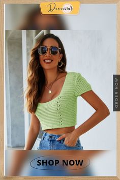 Chic Sexy Short Cropped Knitted Women Summer New Solid Square Neck Hollow Out Cross Backless Short Sleeve Base Sweater Square Neck, Sweaters For Women, Online Store, Womens Tops, Square, Women's Top