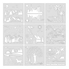 the silhouettes of trees and houses are shown in four different squares, each with an animal