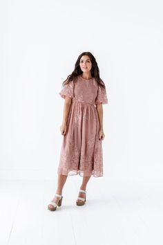 Mia Embroidered Smocked Dress In Salmon – Livy&Kate Clothing Blush Midi Dress, Dusty Pink Dresses, Light Salmon, Lace Overlay Dress, Overlay Dress, Curvy Dress, Smocked Dress, Knee Length Dresses, Modest Dresses