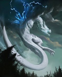 a large white dragon flying through the air