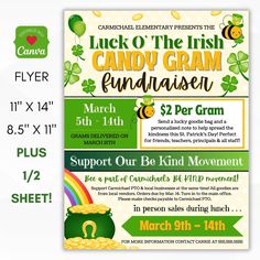 a flyer for an irish party with shamrocks, clovers and a pot of gold coins