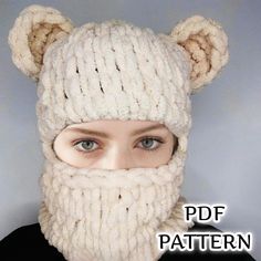 a woman wearing a knitted bear hat with ears on her head and the words pattern below it