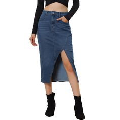 The classic stretch denim skirt is featured on side pockets, and front slit, high waist shows your elegant and feminine style. Easy to pair with a cami top, t-shirt, sweatshirt, hoodie, sneakers, casual shoes, and so on. Occasions: suitable for casual daily, hanging out, weekend, shopping, going out, weekday, trip, etc. Knee Length Jean Skirts, Midi Jean Skirt, Casual Denim Skirt, Denim Skirts Knee Length, Womens Denim Skirts, Jean Skirts, Midi Jeans, Midi Denim, Denim Midi Skirt