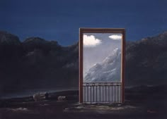 an open door with mountains in the background