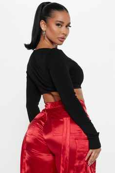 Available In Black, Cream, Olive, And Red. Top Cropped Long Sleeve Cut Out Stretch Compression Rib 88% Rayon 12% Spandex Imported | Trinity Snatched Top in Black size Large by Fashion Nova Red Elastane Party Top, Chic Red Crop Top For Club, Red Stretch Crop Top For Club, Red Club Top For Fall, Red Top For Club In Fall, Red Party Top, Stephanie Rao, Gal Gadot Wonder Woman, Cropped Long Sleeve