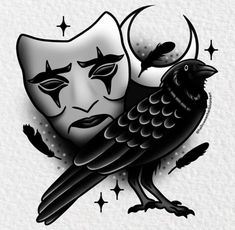 a black and white drawing of a bird with a mask on it's face