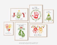 four christmas cards with handprints and the words joy to the world on them