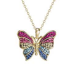 Full of fancy, this butterfly pendant takes flight with colorful crystals throughout. Multicolor Butterfly Charm Necklaces, Multicolor Butterfly Charm Jewelry, Crystal Butterfly Charm Necklace, Colorful Crystals, Big Pendant, Butterfly Fashion, Crystal Butterfly, Purple Jewelry, Butterfly Garden