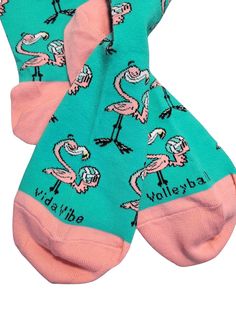 Fun Volleyball Flamingo Crew Socks! Volleyball Toe detail with pink accents. Perfect for crazy sock day or staying cozy in some fun socks. Make a statement in your fashion with these quirky socks! These striking, eye-catching designs will get you noticed wherever you go! Socks are crew length (hit mid-calf). One size fits most! Sizing:Mens 7-11Womens 8.5-12.5 70% Combed Cotton, 22% Polyester, 5% Nylon, 3% Spandex Fun Pink Socks For Summer, Comfortable Pink Summer Socks, Playful Pink Summer Socks, Crazy Sock Day, Volleyball Gear, Gifts For Parents, Volleyball Gifts, Fun Socks, Hot Gifts