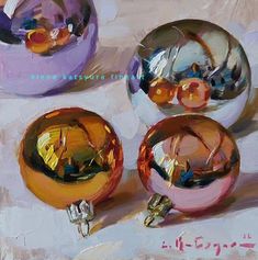 an oil painting of three shiny objects