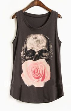 Navy Paintily Skull and Rose Print Sleeveless Tank Top - Sheinside.com A Lot Of Jewelry, Girly Punk, Lot Of Jewelry, Skull Tank Top, Skull Tank, Look Rock, Skull Clothing, Skull Fashion, Rock Punk