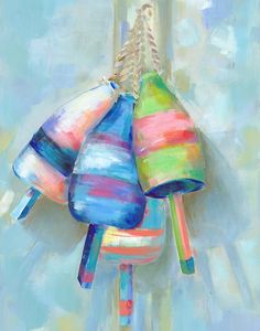 an oil painting of colorful umbrellas hanging upside down